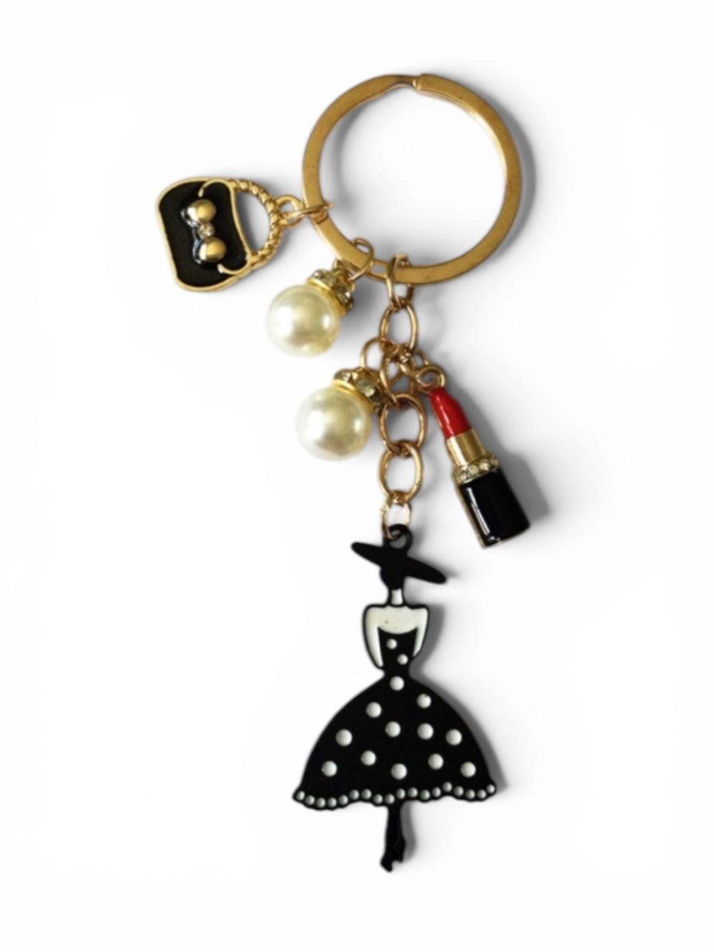 Fashion‑Girl Enamel Bag Charm / Keychain – Chic Black, Gold & Pearl Details - Picture 4 of 10